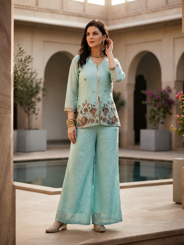 Pastel Blue Embroidered Tunic with Flowy Palazzo Set Co-Ord