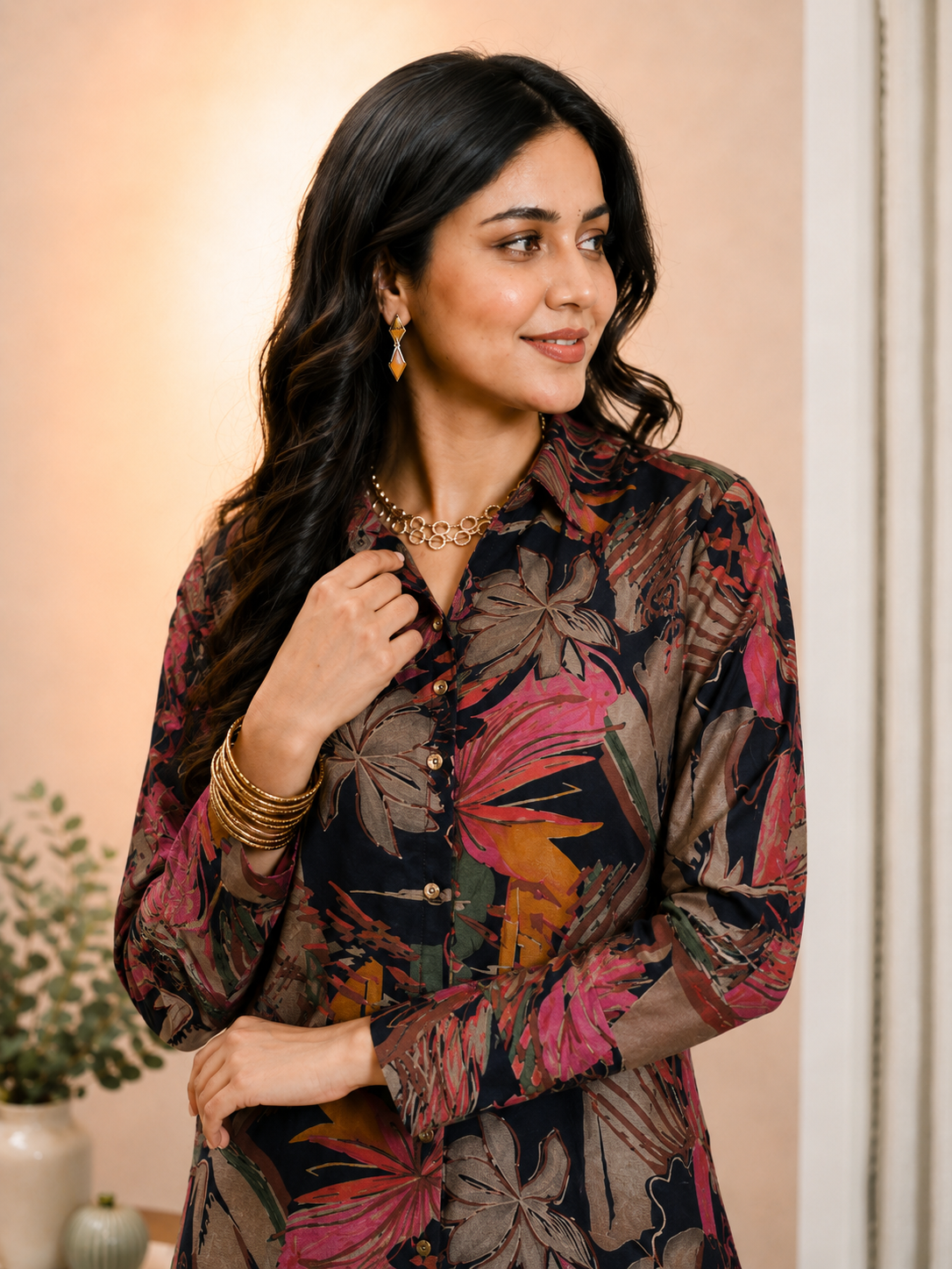 Navy Blue Floral Printed Chanderi Silk Co-Ord Set for Women | Claura