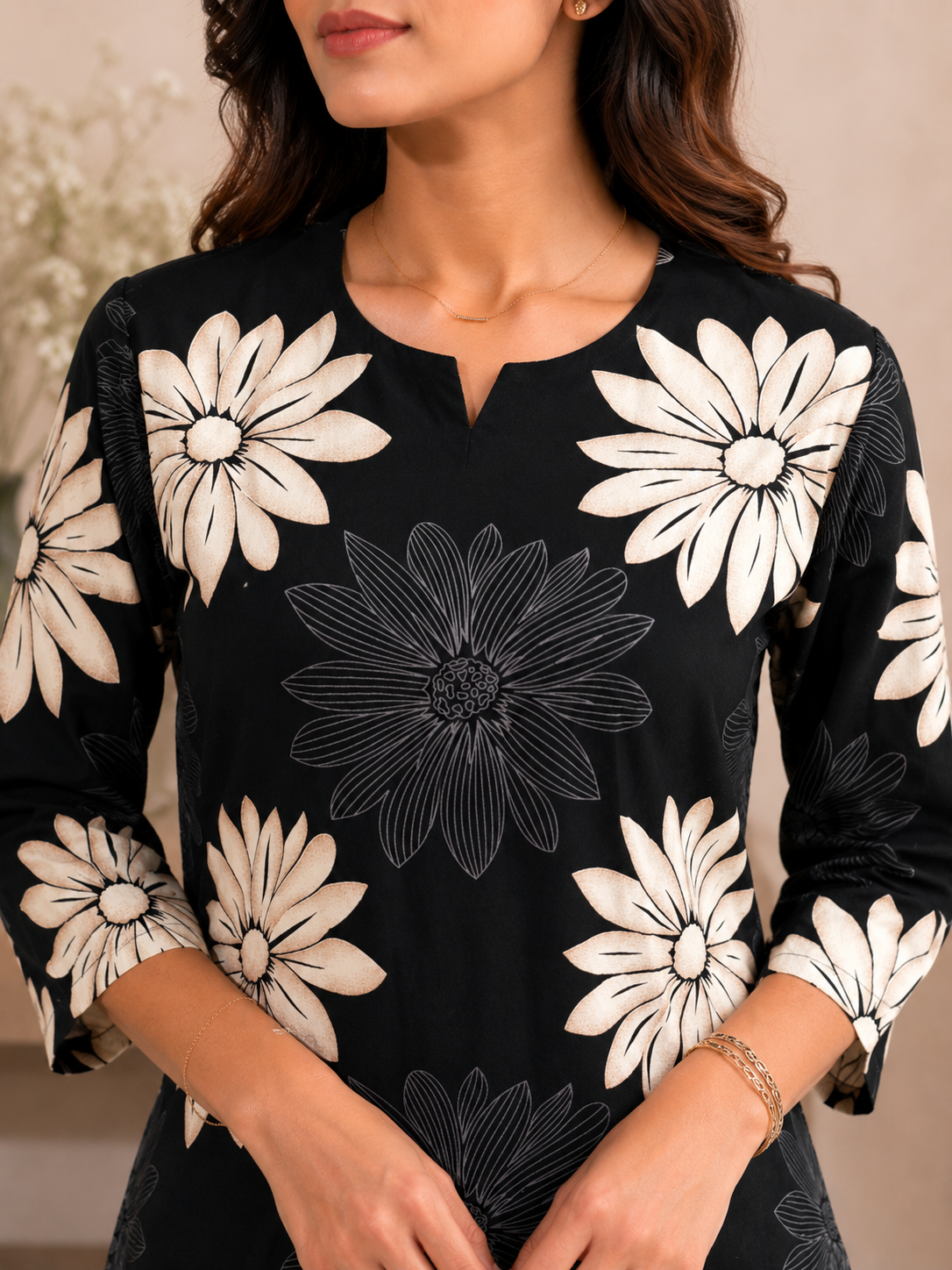 Black Floral Print Round Neck Rayon Night Suit for Women