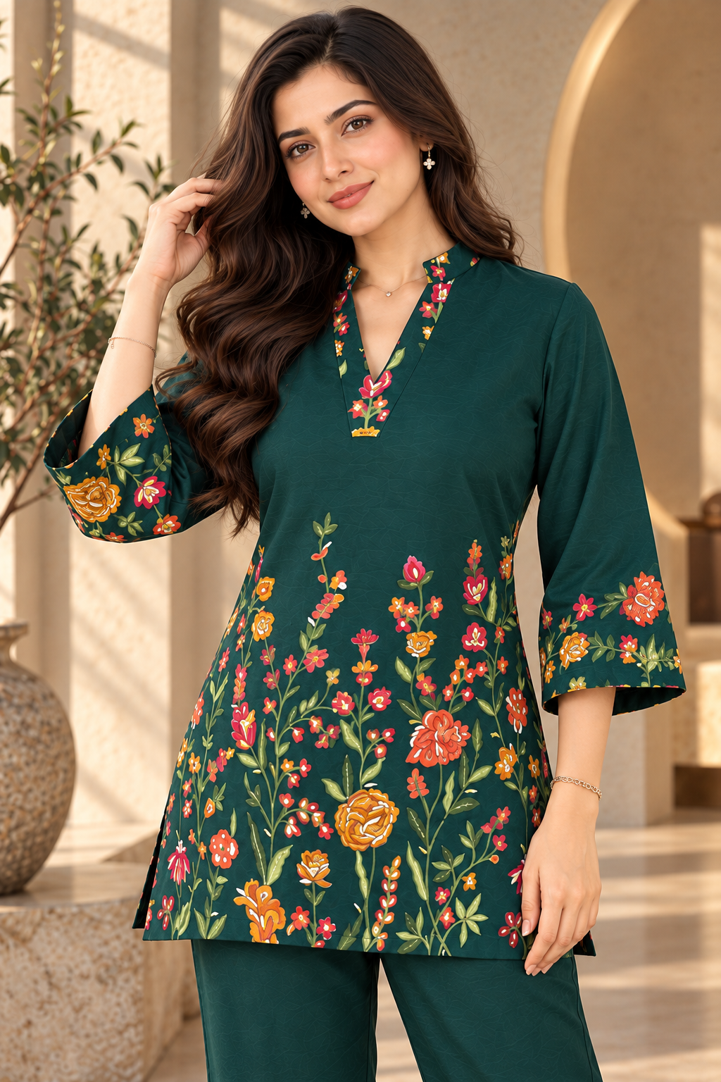 Green Romantic Bloom Printed Tunic with Palazzos | Claura