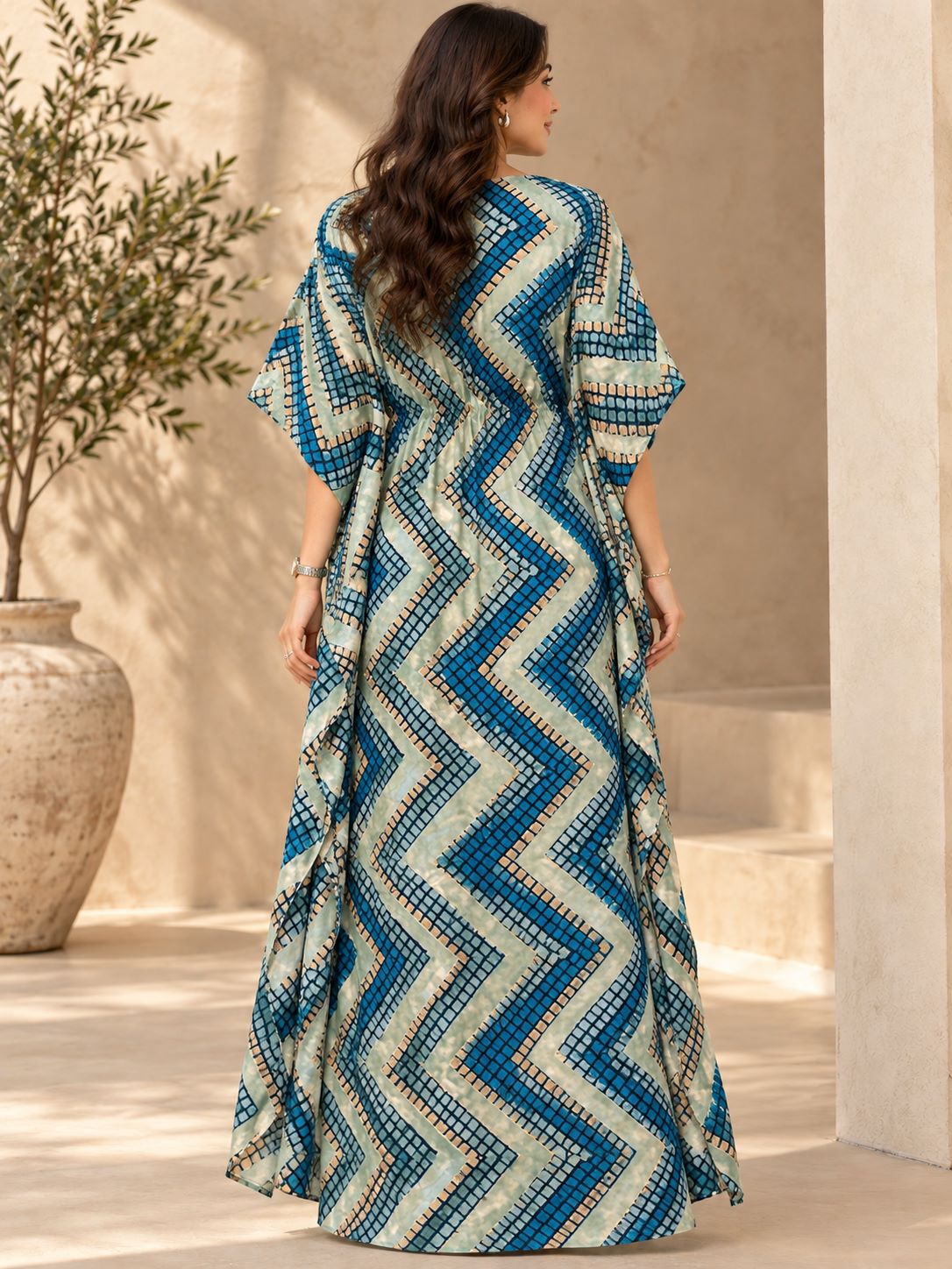 Blue Geometric Print V-Neck Kaftan Maxi Dress For Women | Claura