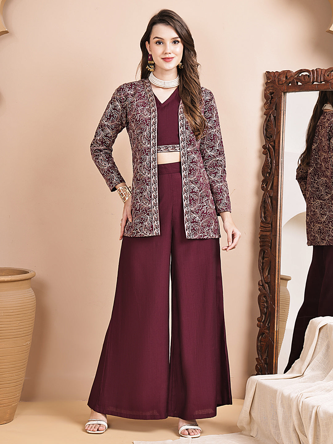 Woman wearing wine ethnic printed Co-Ord Set