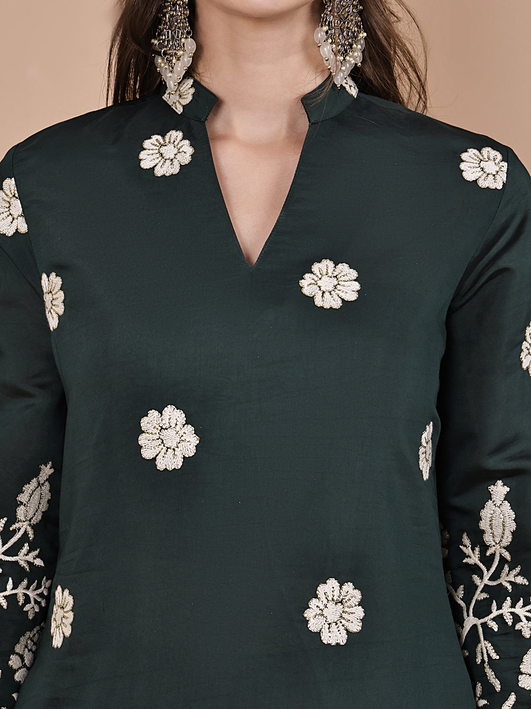 Green Floral Embroidery Chanderi Silk Co-Ord Set for Women | Claura