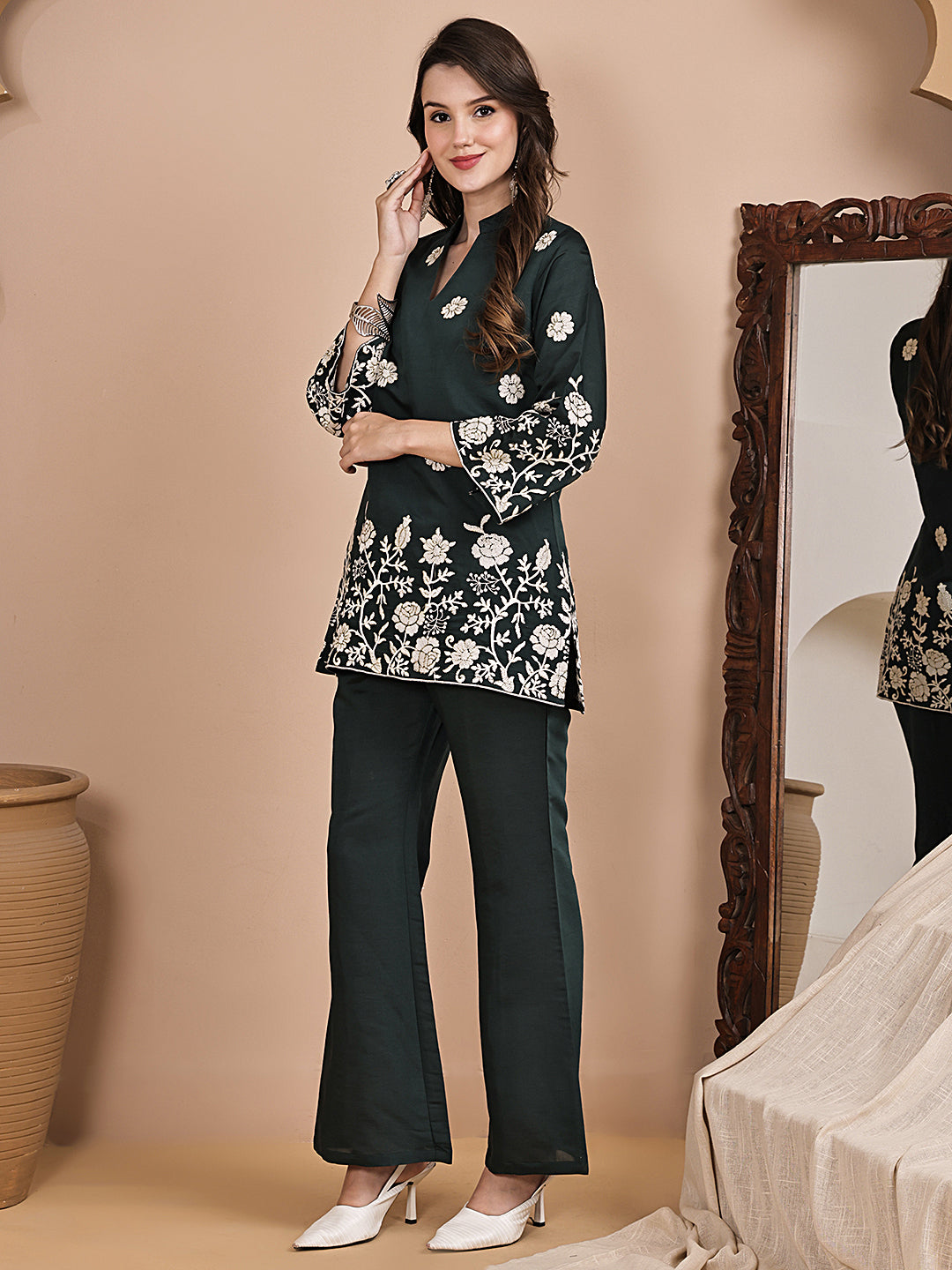 Green Floral Embroidery Chanderi Silk Co-Ord Set for Women | Claura