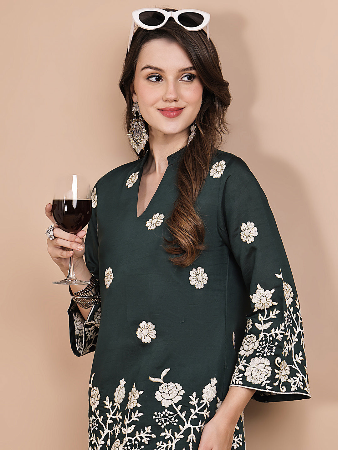 Close-up of Chanderi Silk fabric on Green Co-Ord Set