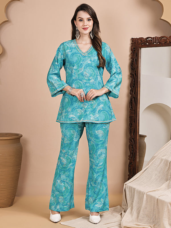 Blue Floral Chanderi Silk Co-Ord Set Women Three-Quarter