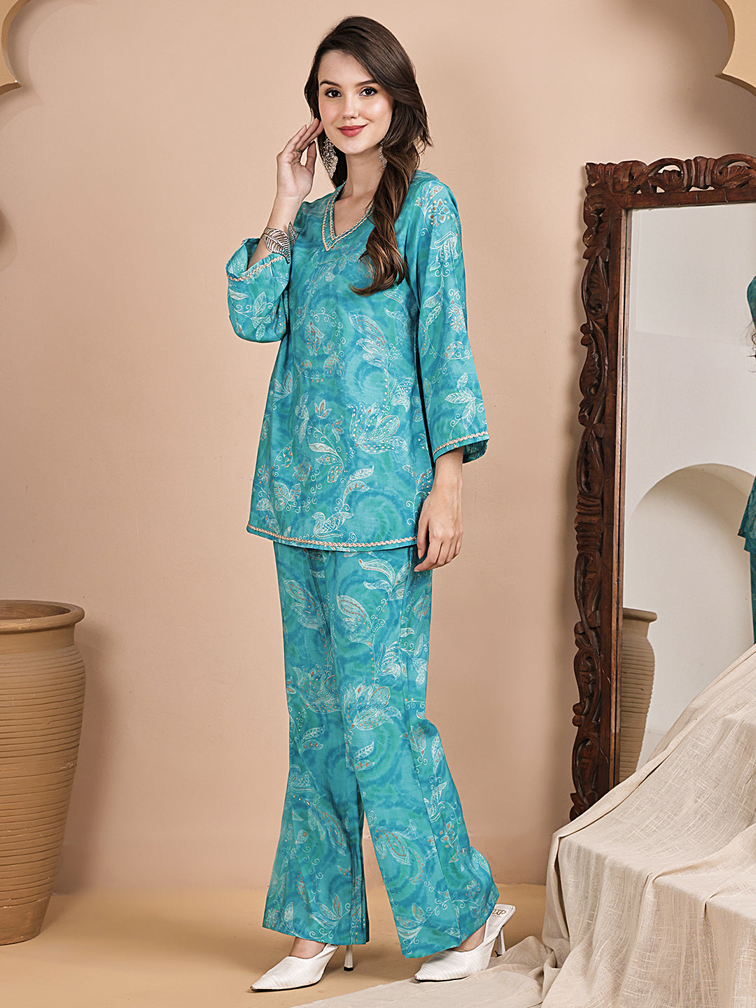 Blue Floral Printed Chanderi Silk Co-Ord Set for Women | Claura