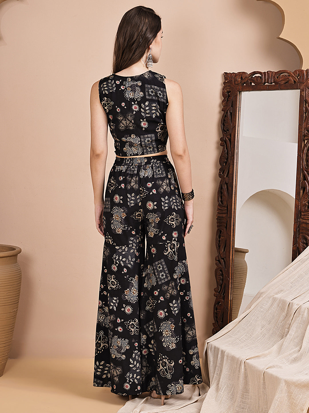Black Ethnic Printed 3-Piece Chanderi Silk Co-Ord Set for Women | Claura