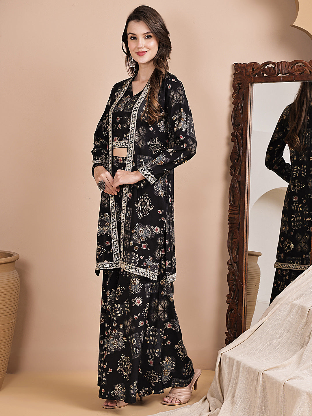 Black Ethnic Printed 3-Piece Chanderi Silk Co-Ord Set for Women | Claura