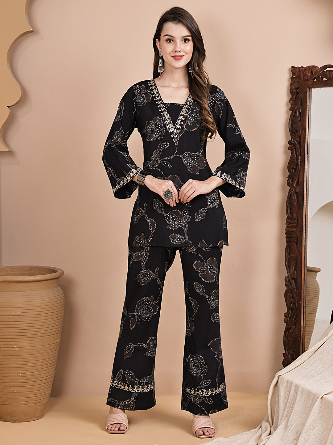 Black Abstract Printed Chanderi Silk Co-Ord Set for Women | Claura