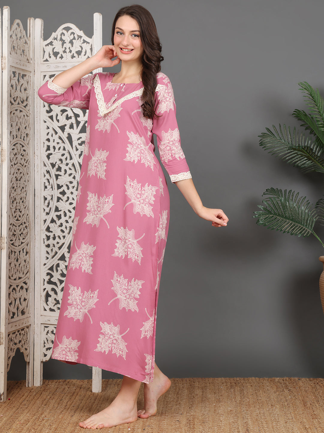 Pink Abstract Printed Viscose Rayon Nighty For Women | Claura