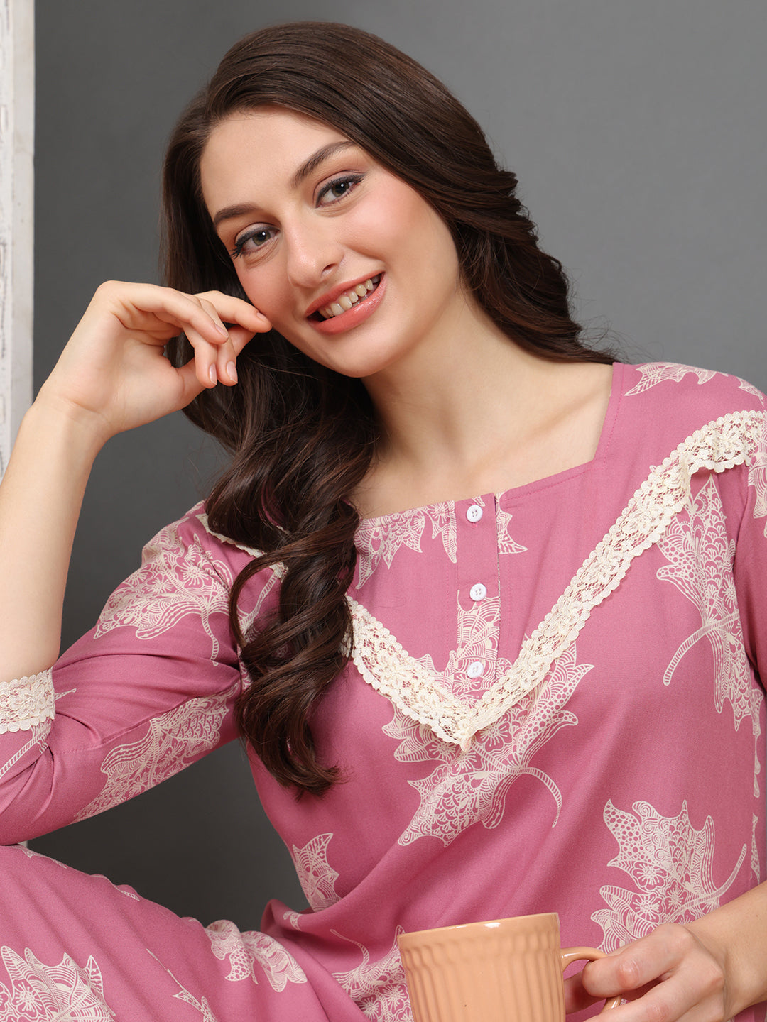 Pink Abstract Printed Viscose Rayon Nighty For Women | Claura