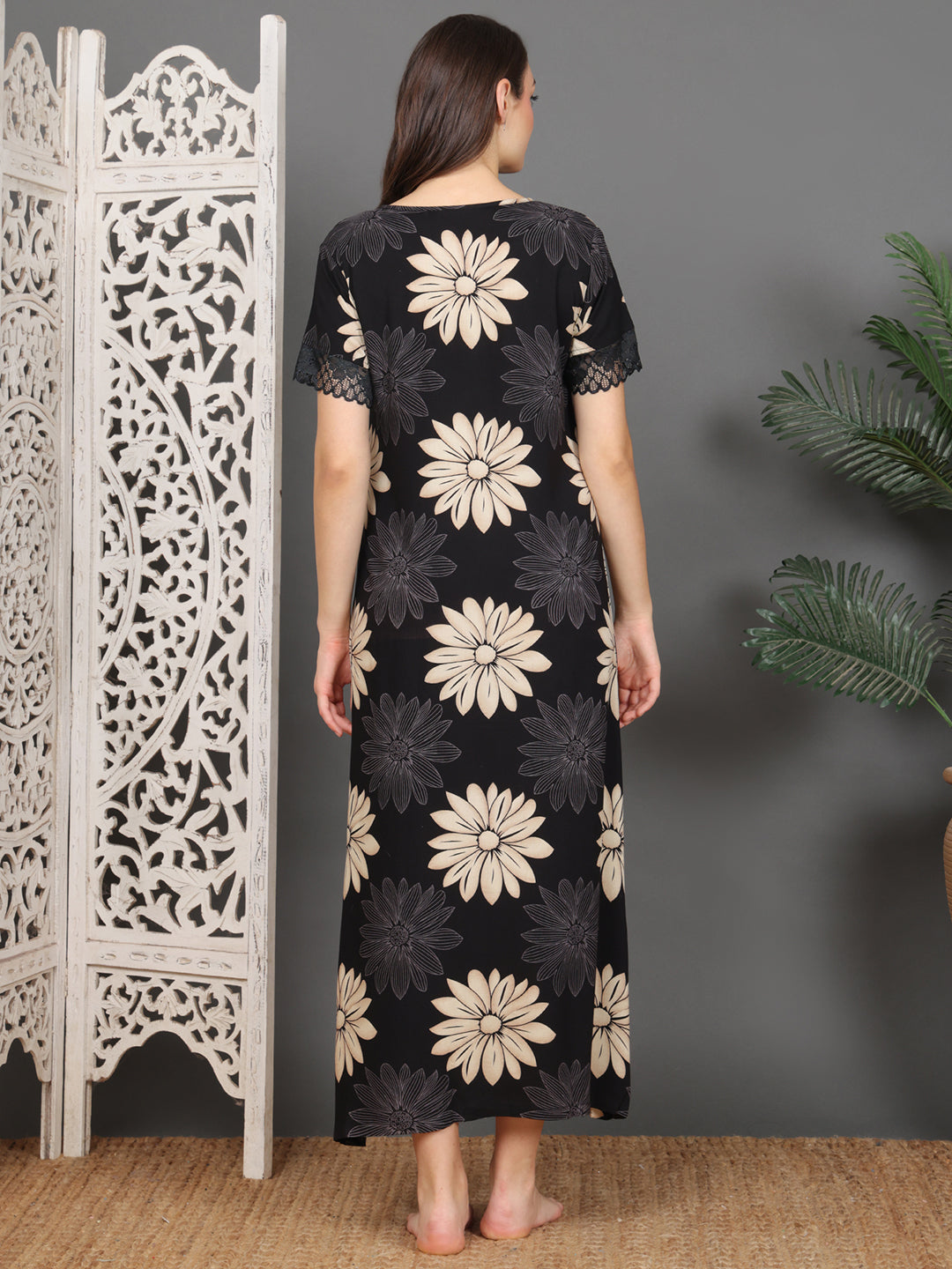 Black Floral Printed Viscose Rayon Nighty For Women | Claura
