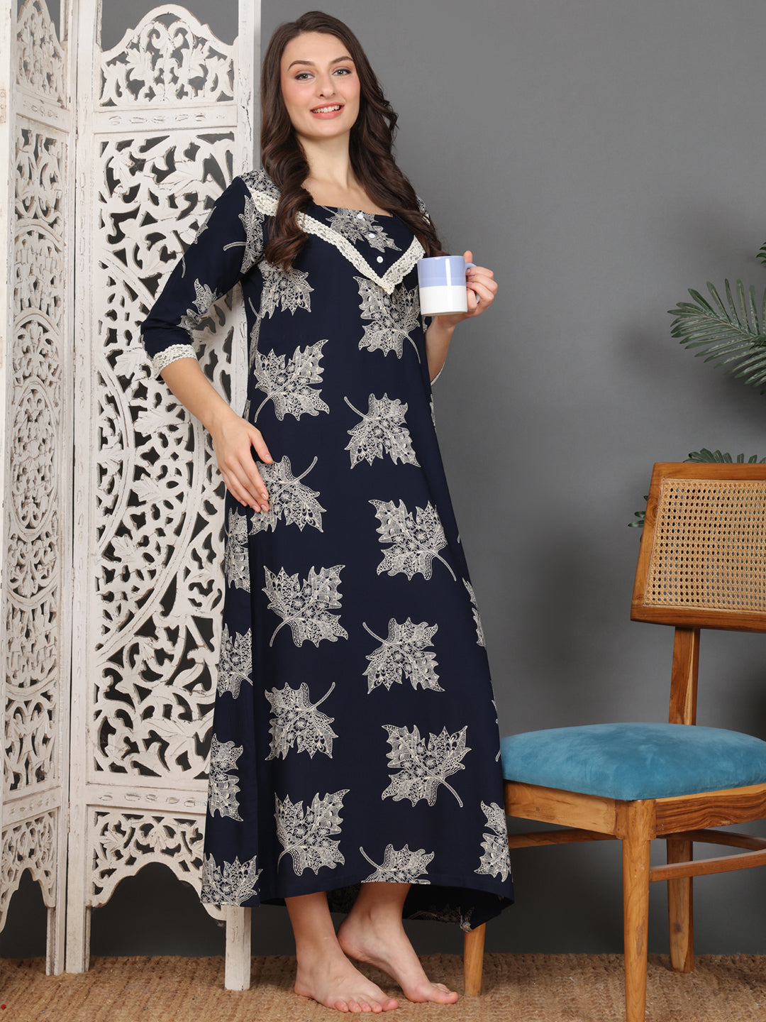 Navy Abstract Printed Viscose Rayon Nighty For Women | Claura
