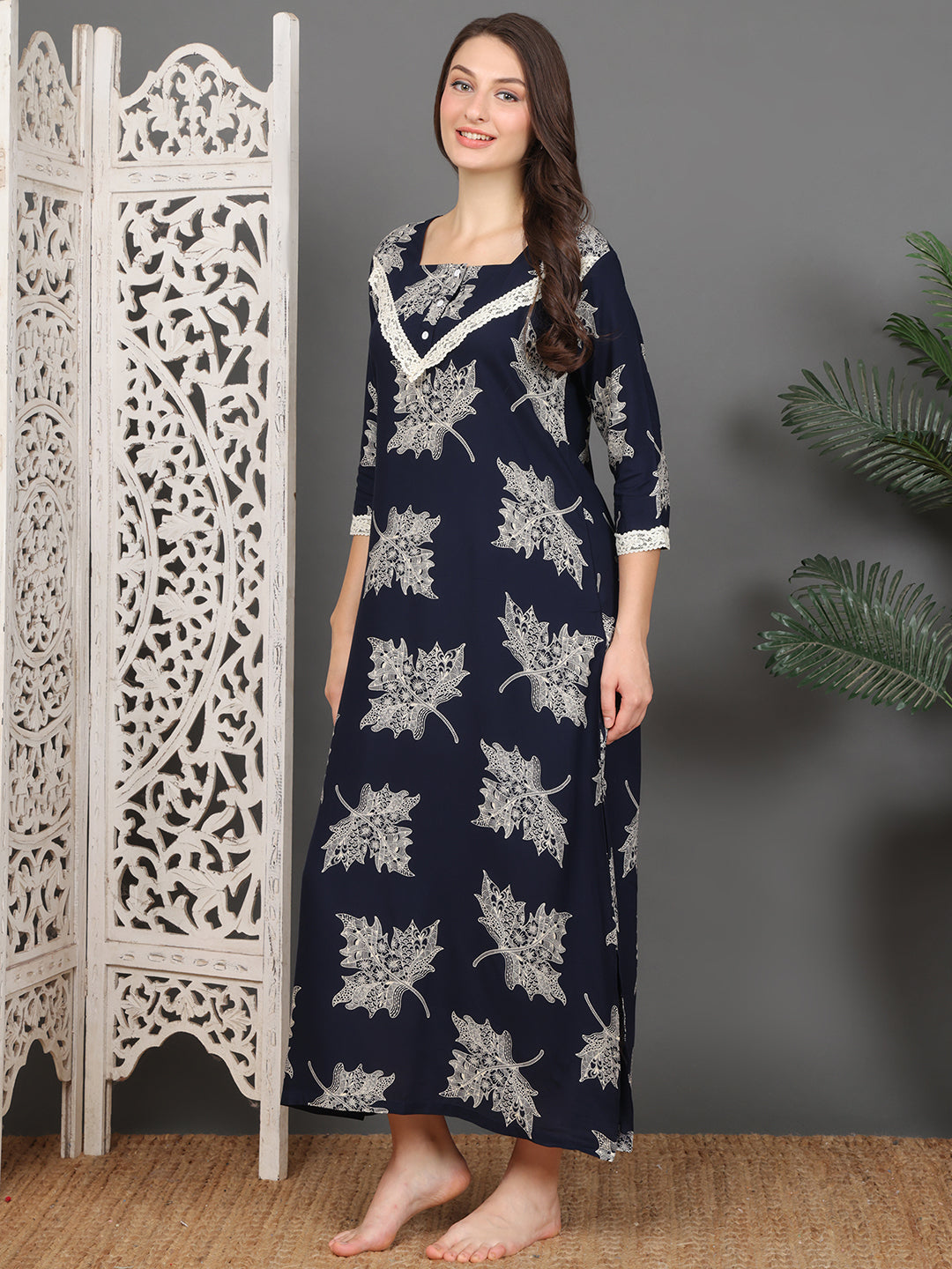 Navy Abstract Printed Viscose Rayon Nighty For Women | Claura