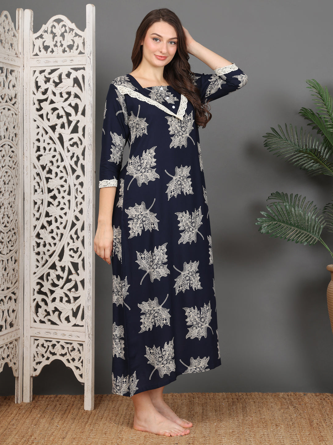 Navy Abstract Printed Viscose Rayon Nighty For Women | Claura