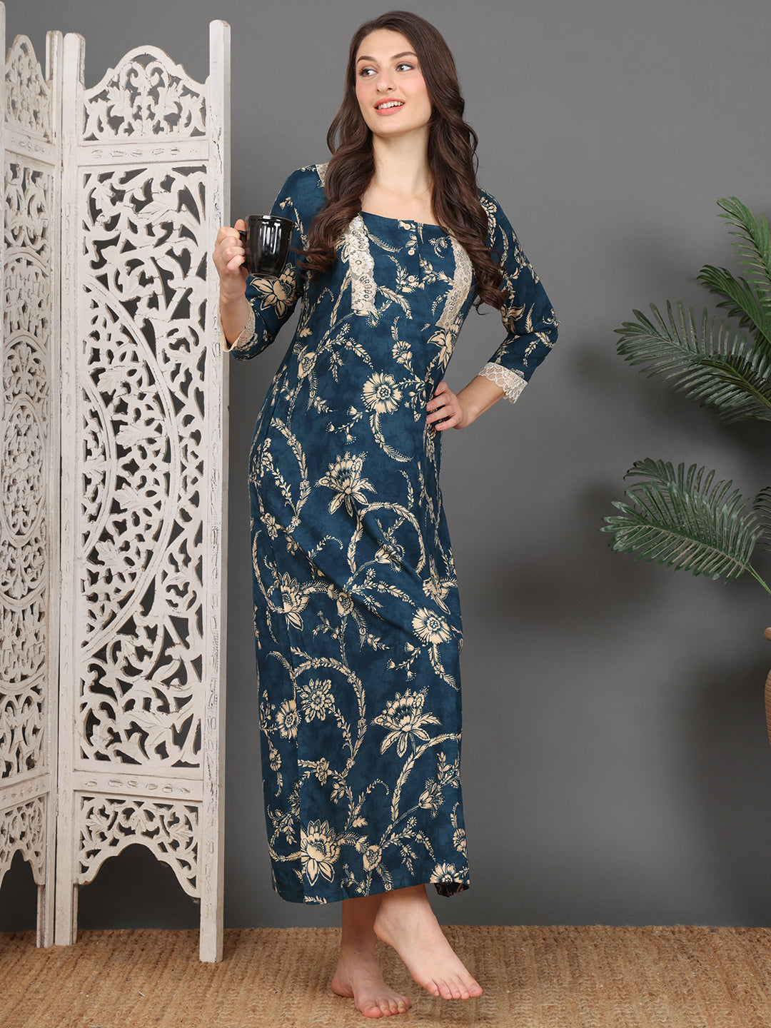 Navy Blue Abstract Printed Viscose Rayon Nighty For Women | Claura