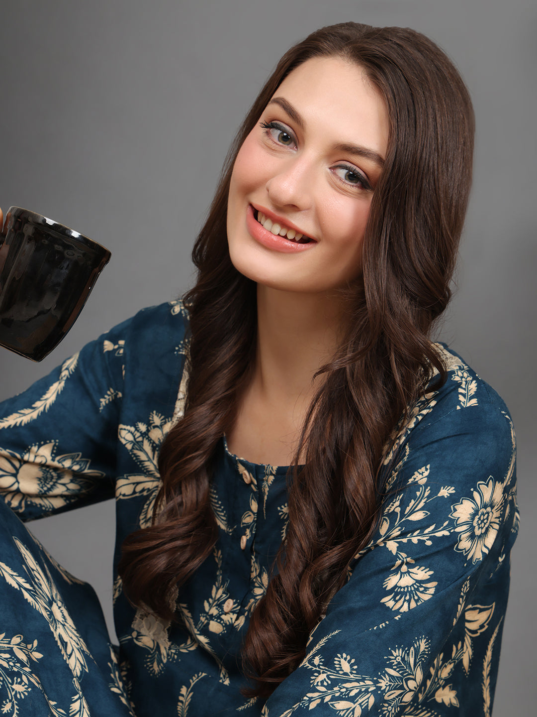 Navy Blue Abstract Printed Viscose Rayon Nighty For Women | Claura