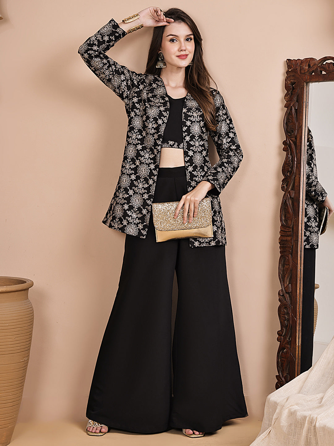 Black Ethnic Printed Chanderi Silk Co-Ord Set for Women | Claura