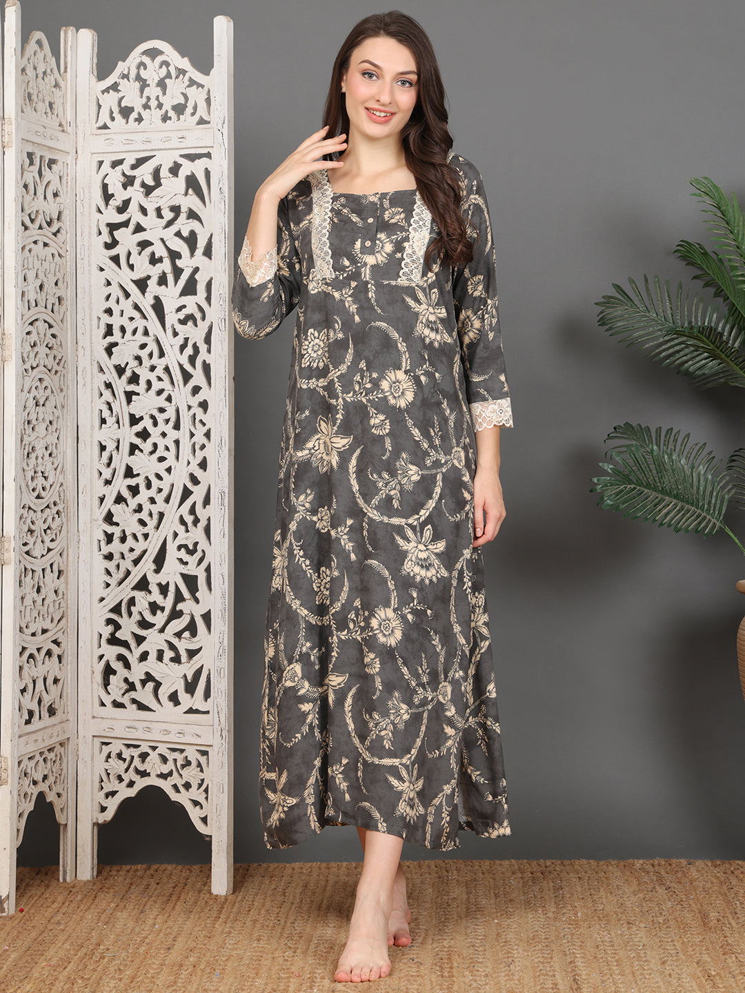 Grey Abstract Printed Viscose Rayon Square-Neck Nighty For Women | Claura
