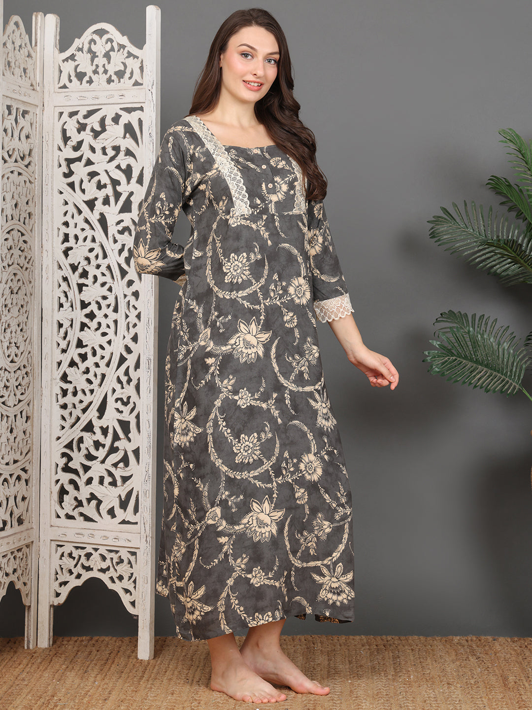Grey Abstract Printed Viscose Rayon Square-Neck Nighty For Women | Claura