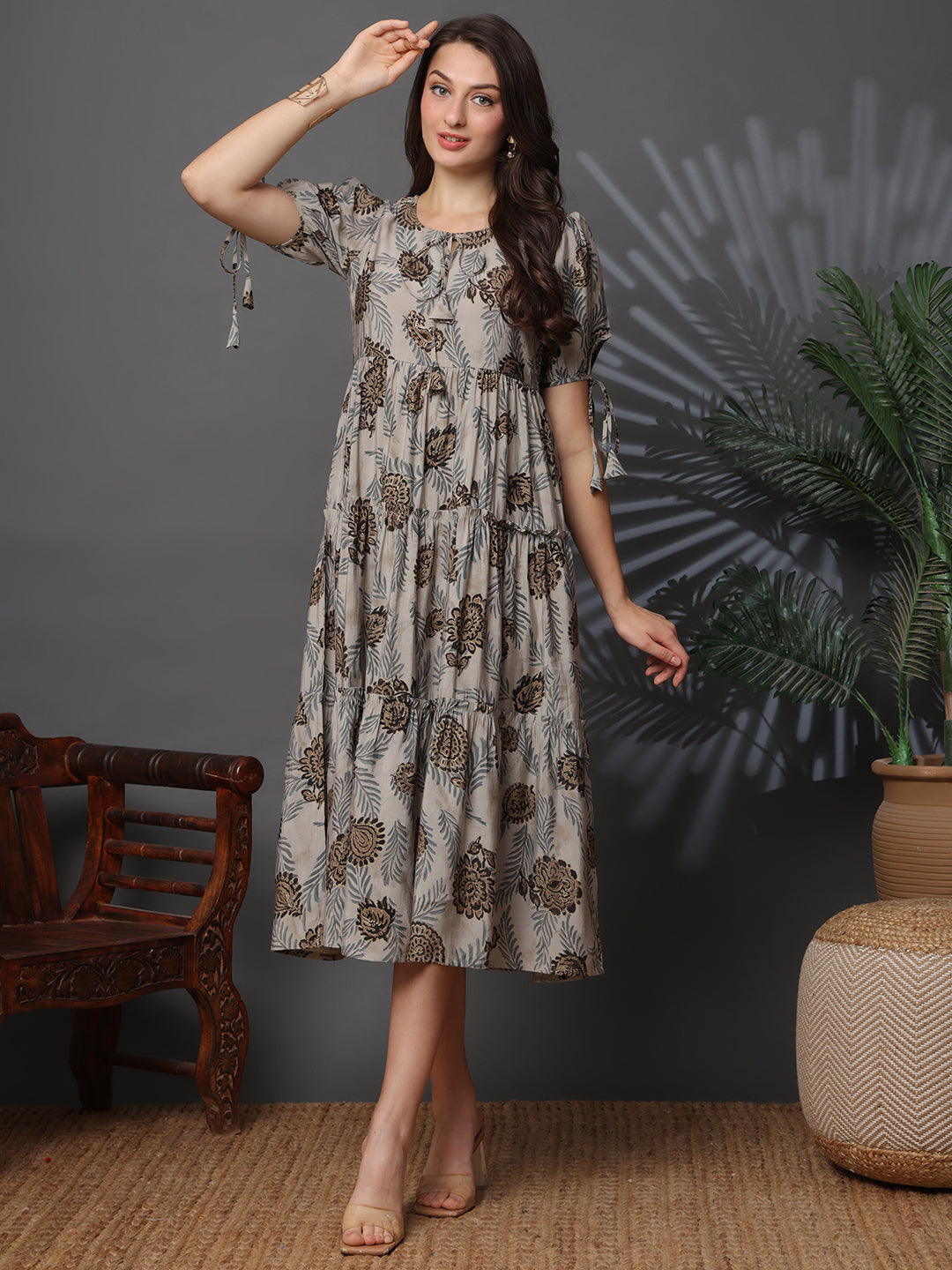 Grey Chanderi Dress with 3/4 Sleeves
