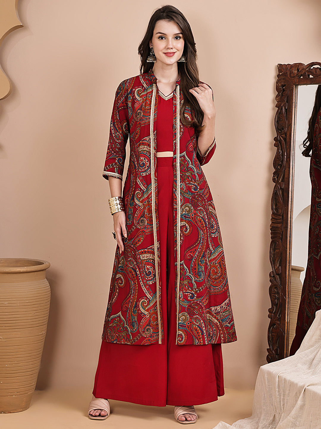 Woman wearing red ethnic printed Co-Ord Set