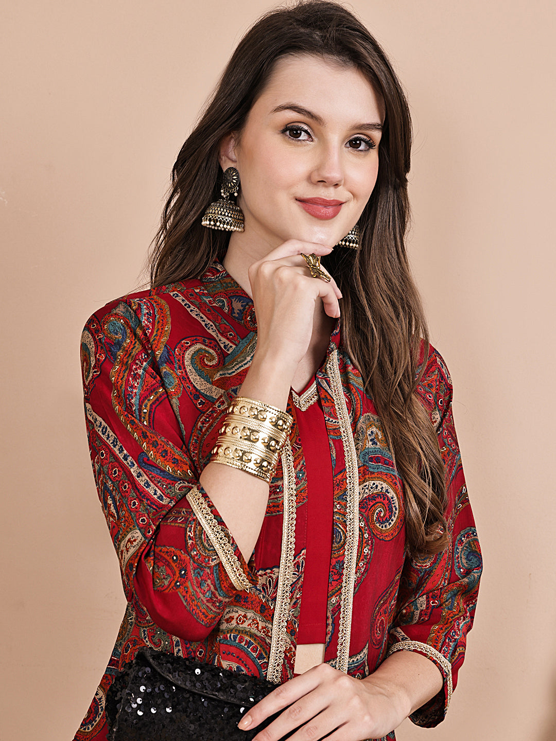 Close-up of Chanderi silk fabric on red Co-Ord Set