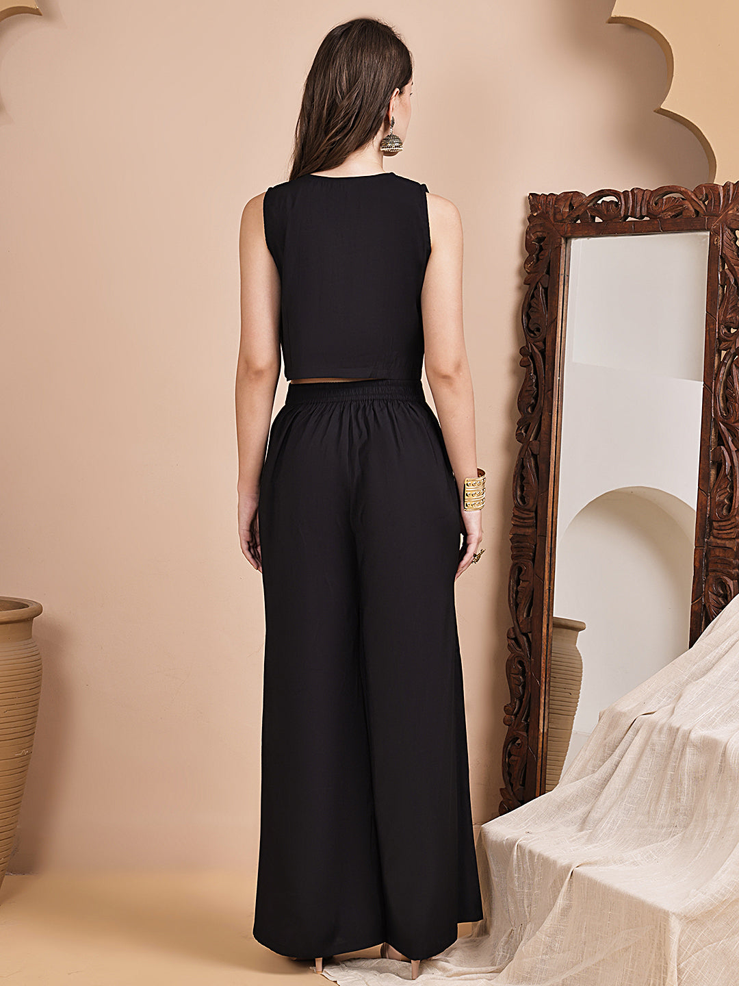 Black Ethnic Printed V-Neck Chanderi Silk Co-ord Set for Women