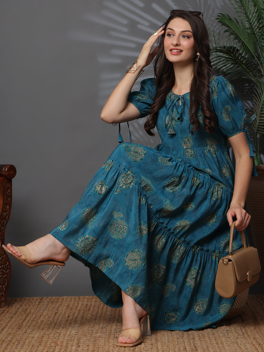 Close-up of Chanderi Fabric on Blue Dresses for Women