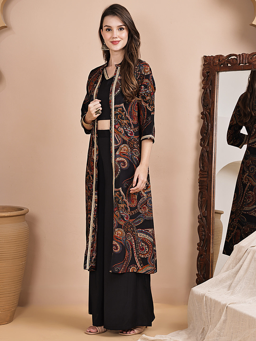 Black Ethnic Printed V-Neck Chanderi Silk Co-ord Set for Women