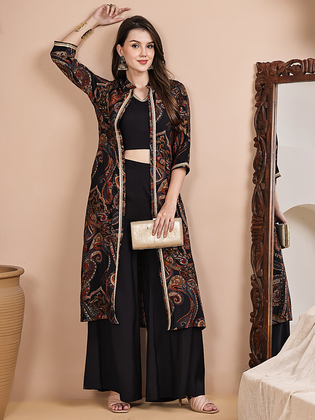 Close-up of Chanderi silk detail on black Co-Ord Set