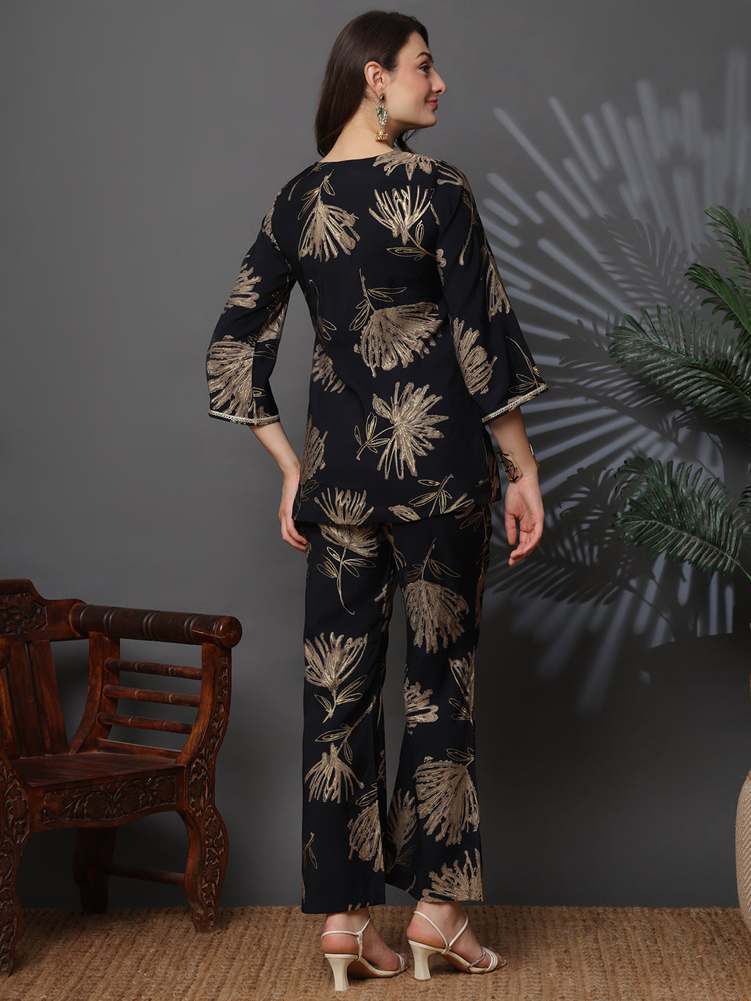 Back view of model styling Black Abstract co-ord outfit