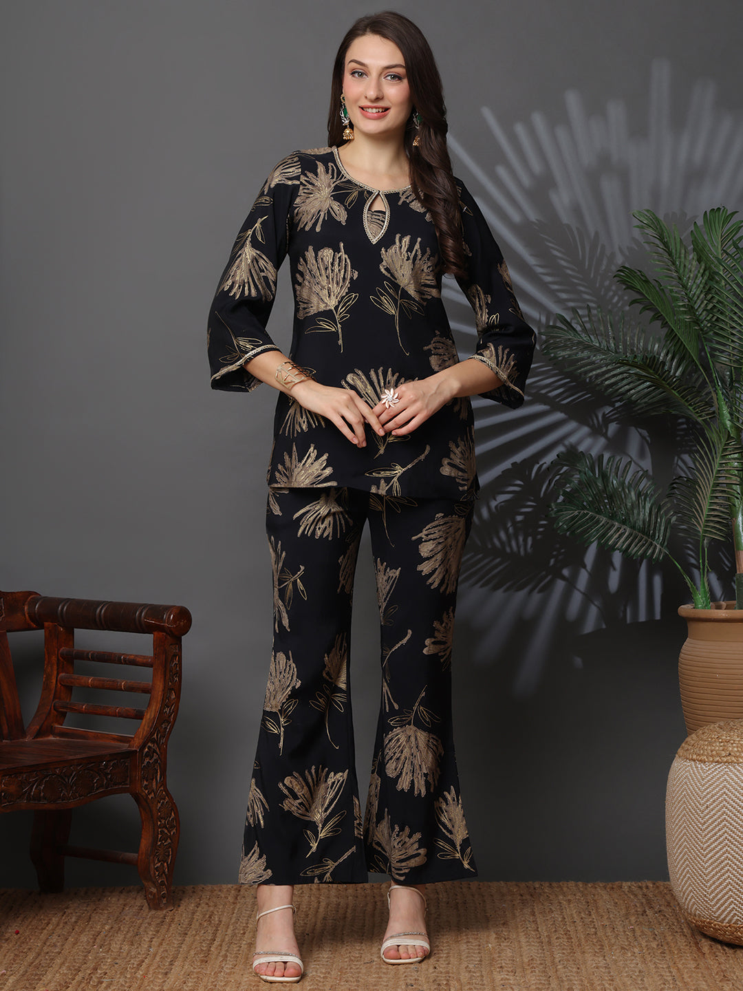 Woman wearing Black Abstract Printed Co-Ord Set