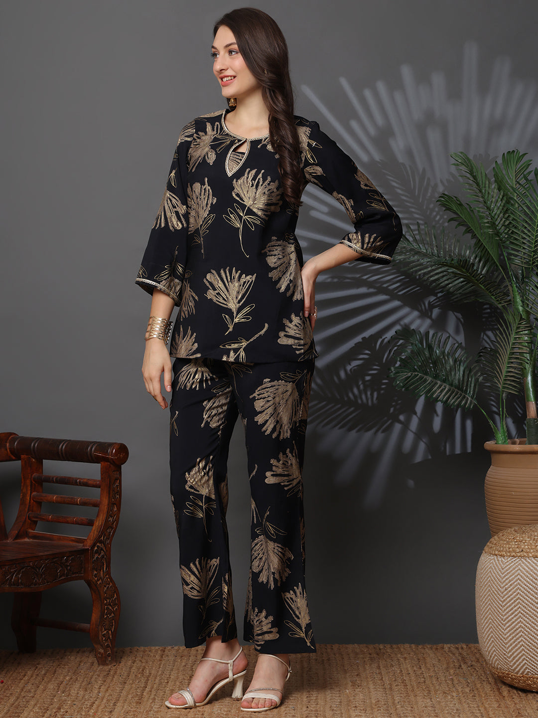 Black Abstract Printed Chanderi Silk Co-Ord Set for Women | Claura