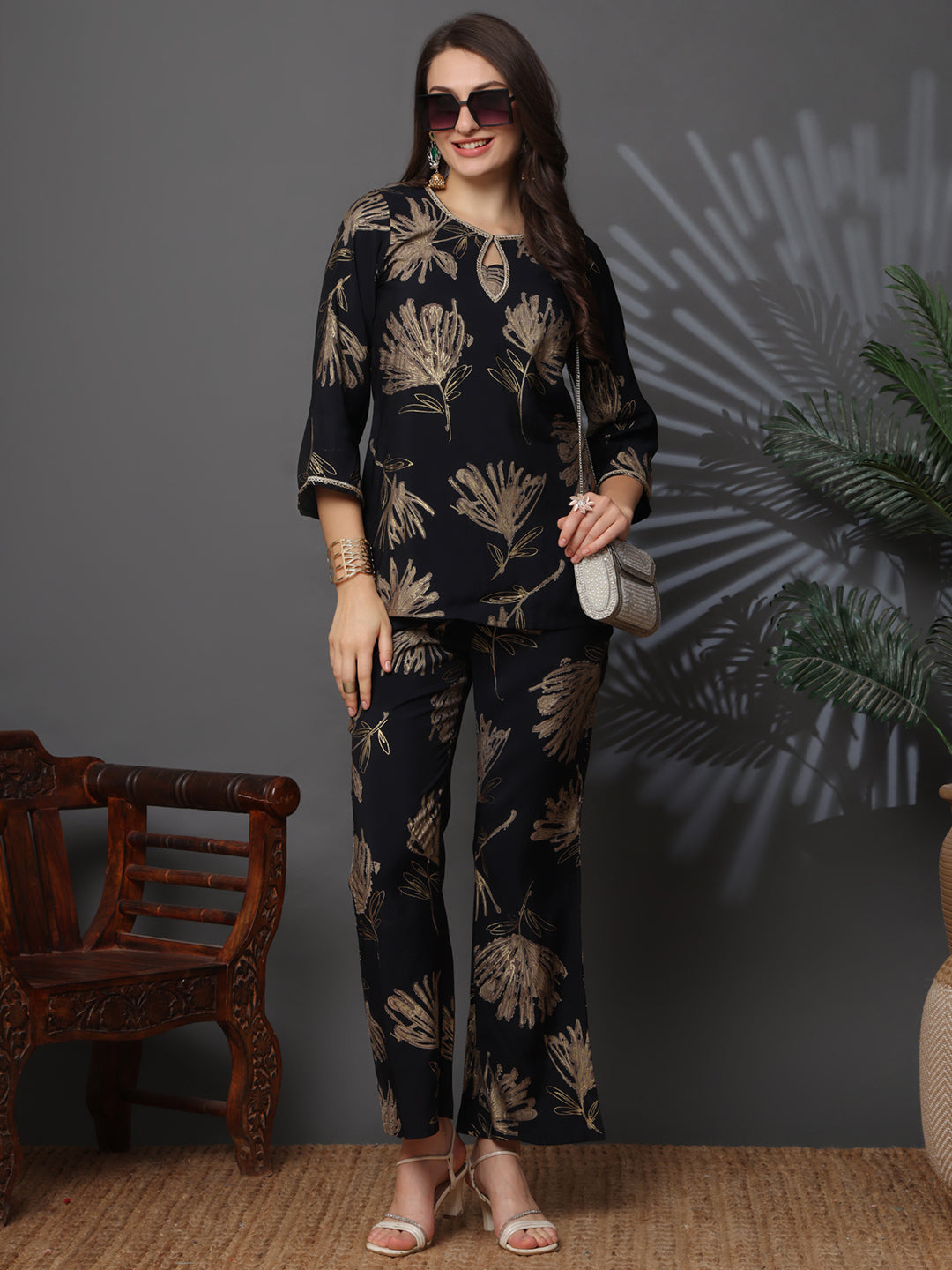 Close-up of Chanderi Silk fabric on Black Co-Ord Set