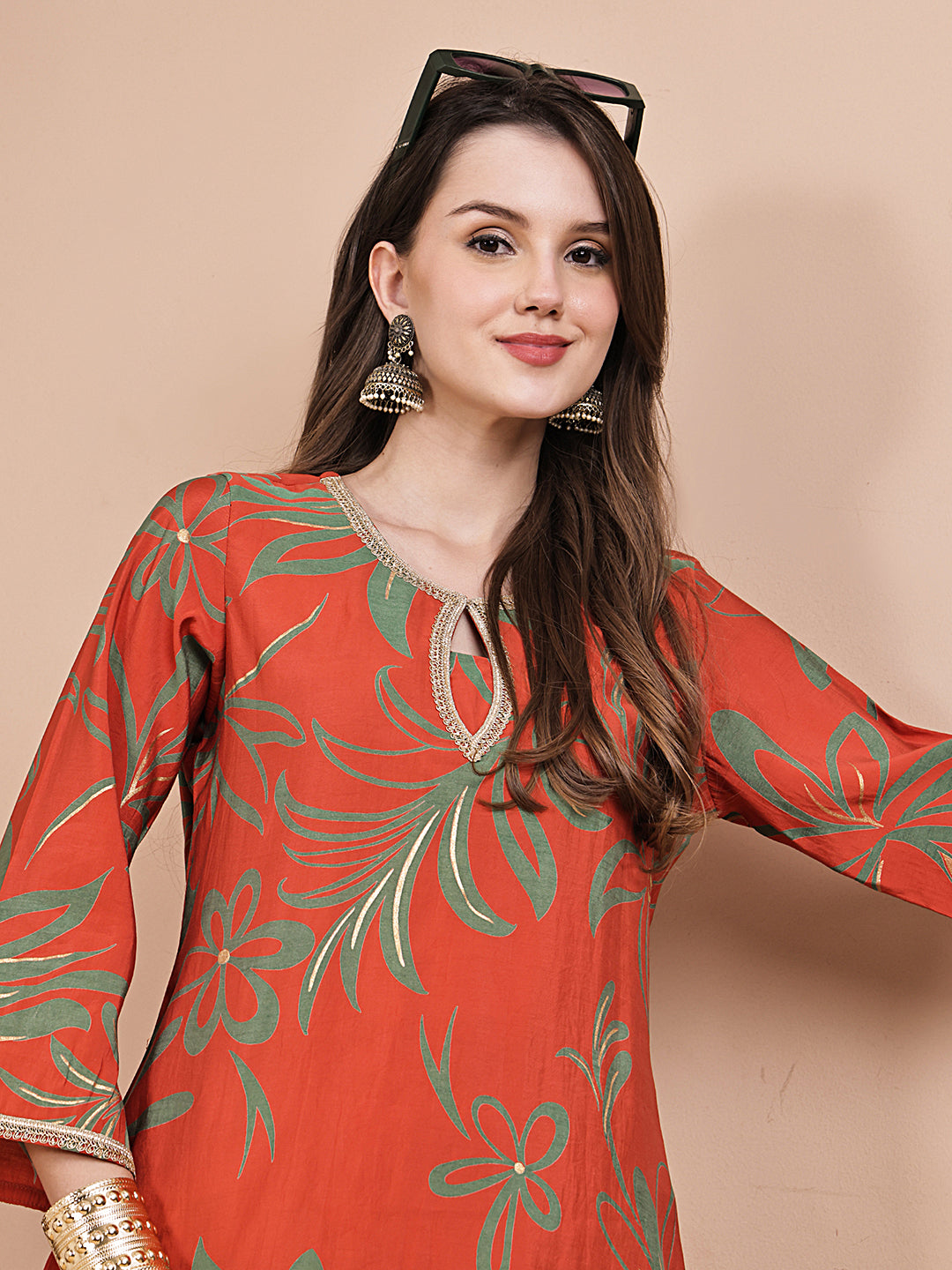 Lifestyle shot of orange abstract printed Co-Ord Set