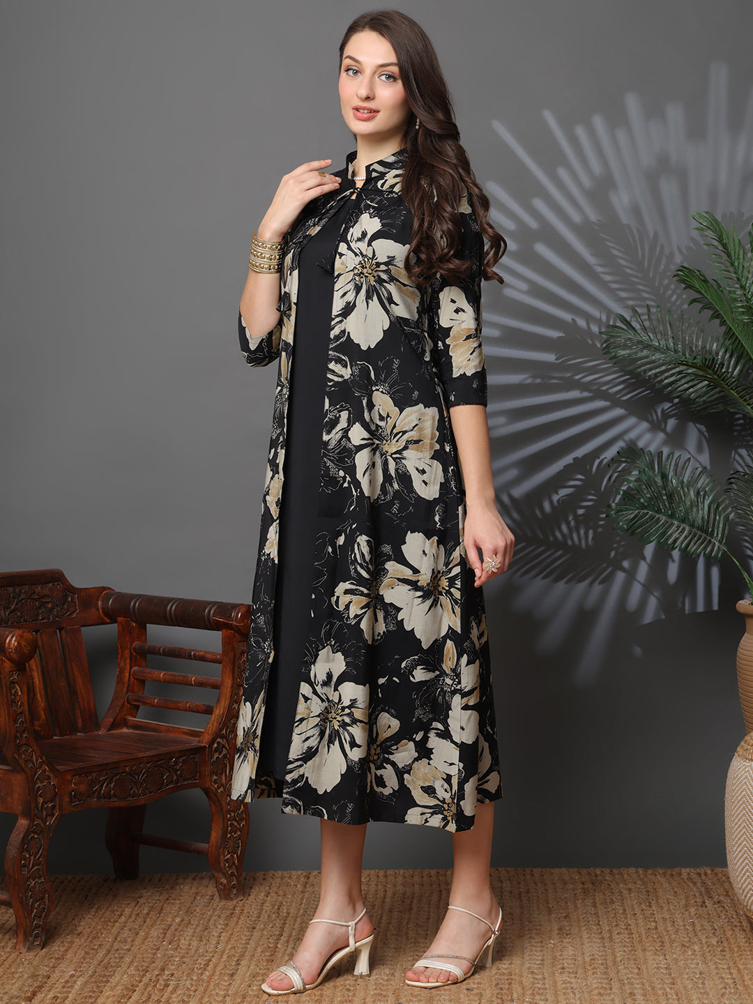 Black Color Floral Printed Chanderi Silk Dress for Women | Claura