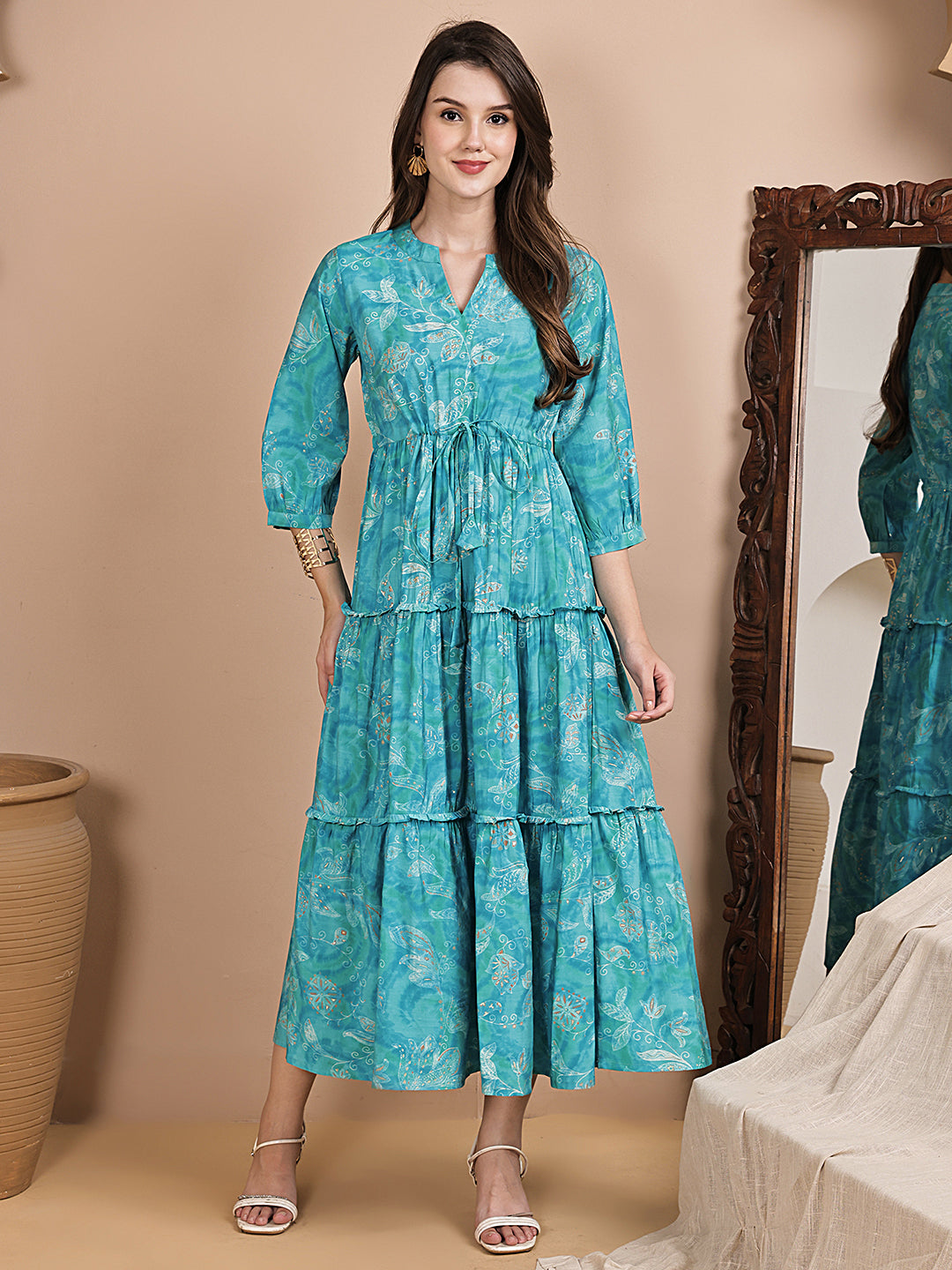 Blue Color Floral Printed Chanderi Silk Dress For Women
