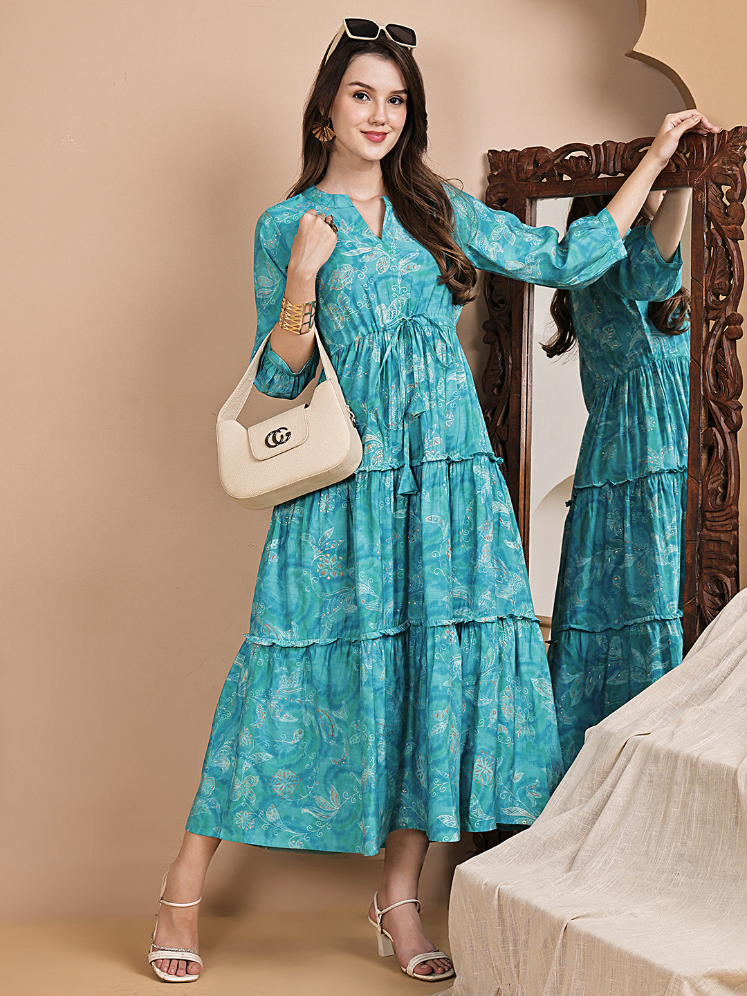Blue Color Floral Printed Chanderi Silk Dress For Women