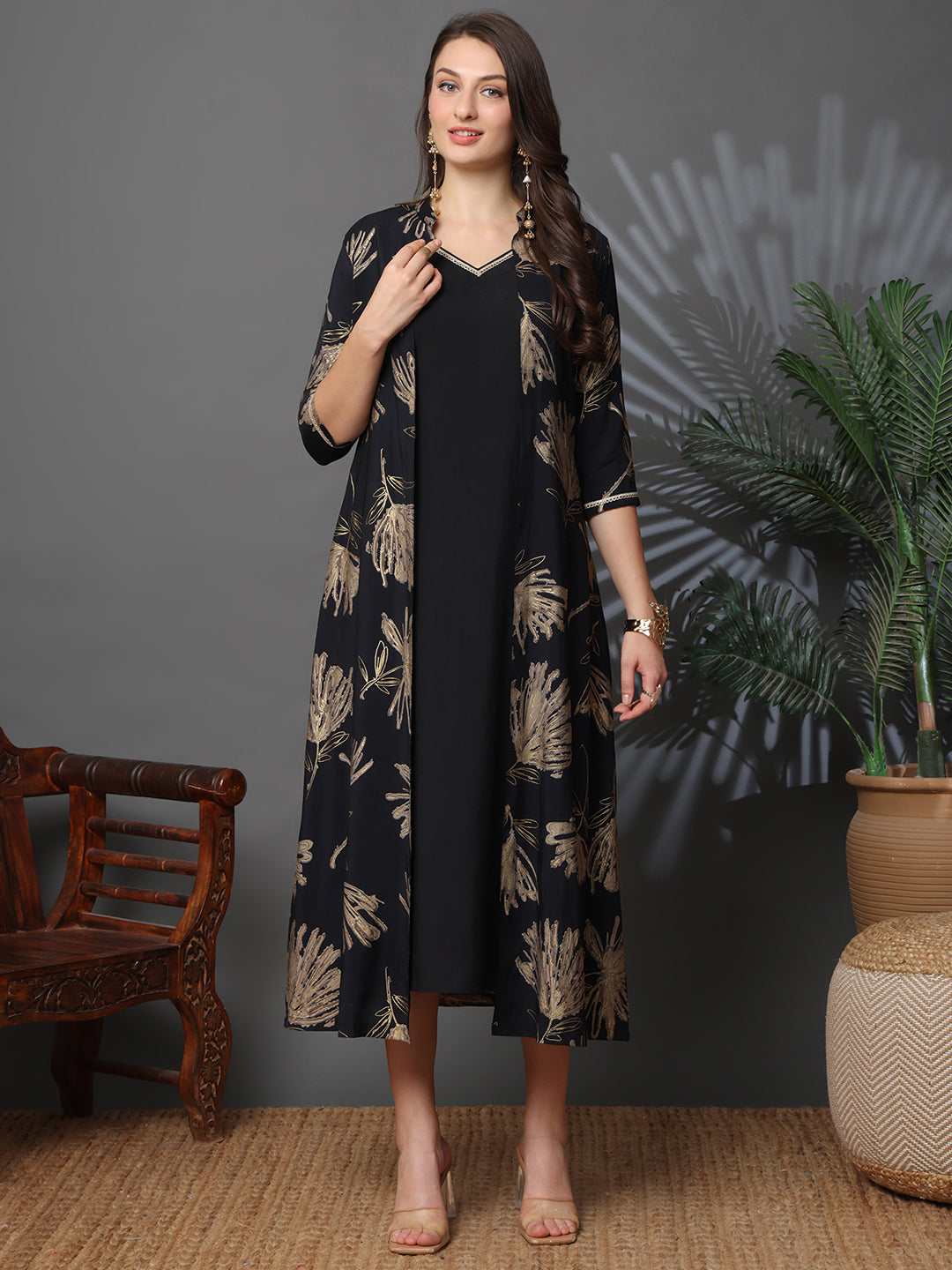 Woman wearing black floral dress 