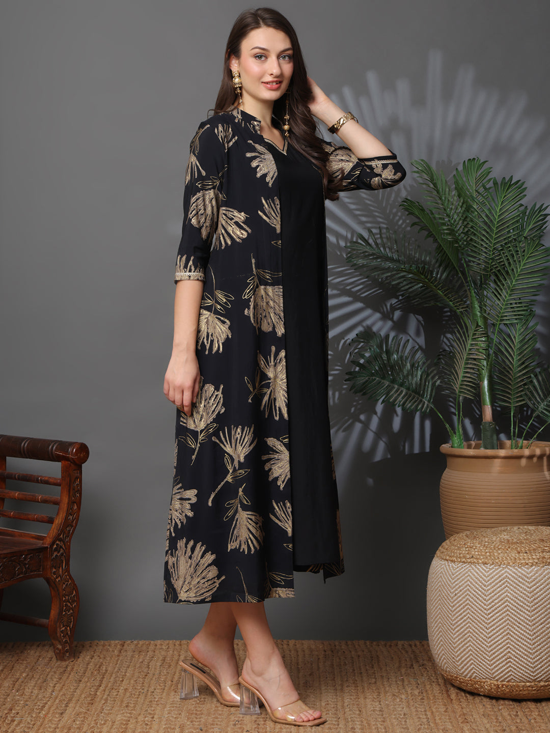 Black Chanderi Silk Floral Printed Dress for Women | Claura
