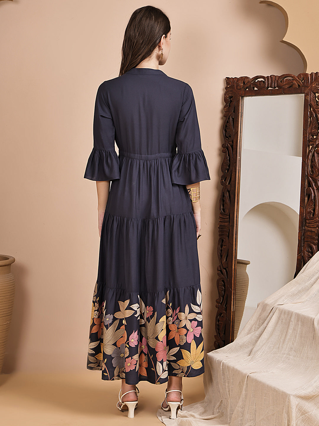 Grey Color Floral Printed Viscose Rayon Dress For Women