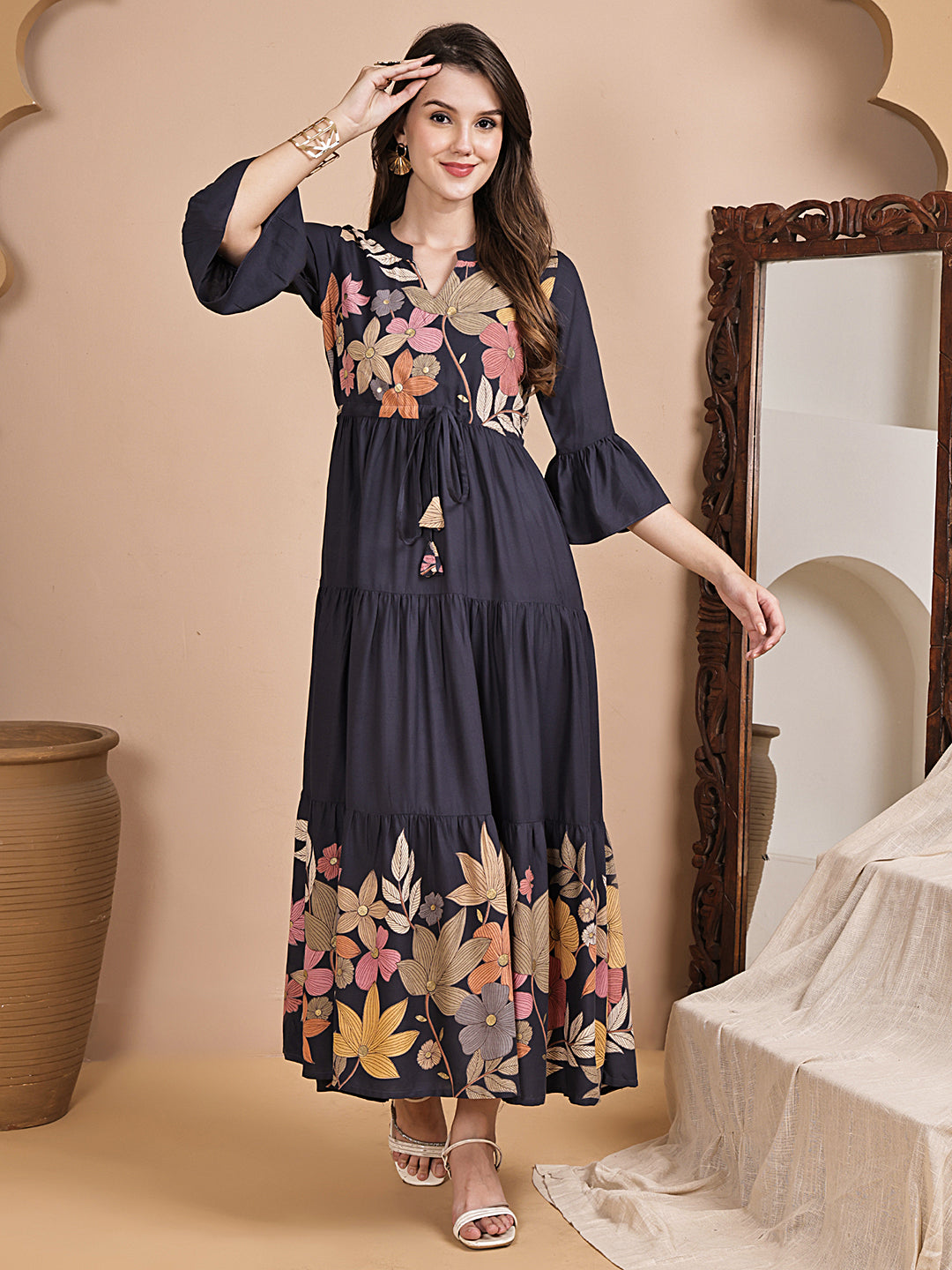 Grey Color Floral Printed Viscose Rayon Dress For Women