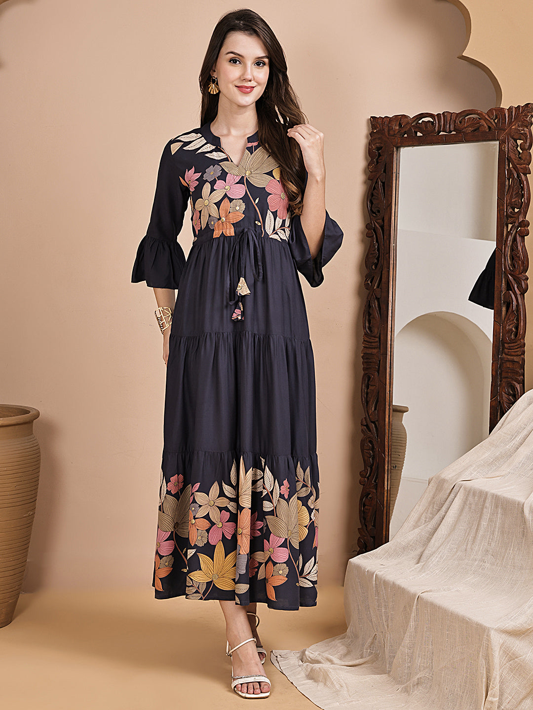 Grey Color Floral Printed Viscose Rayon Dress For Women