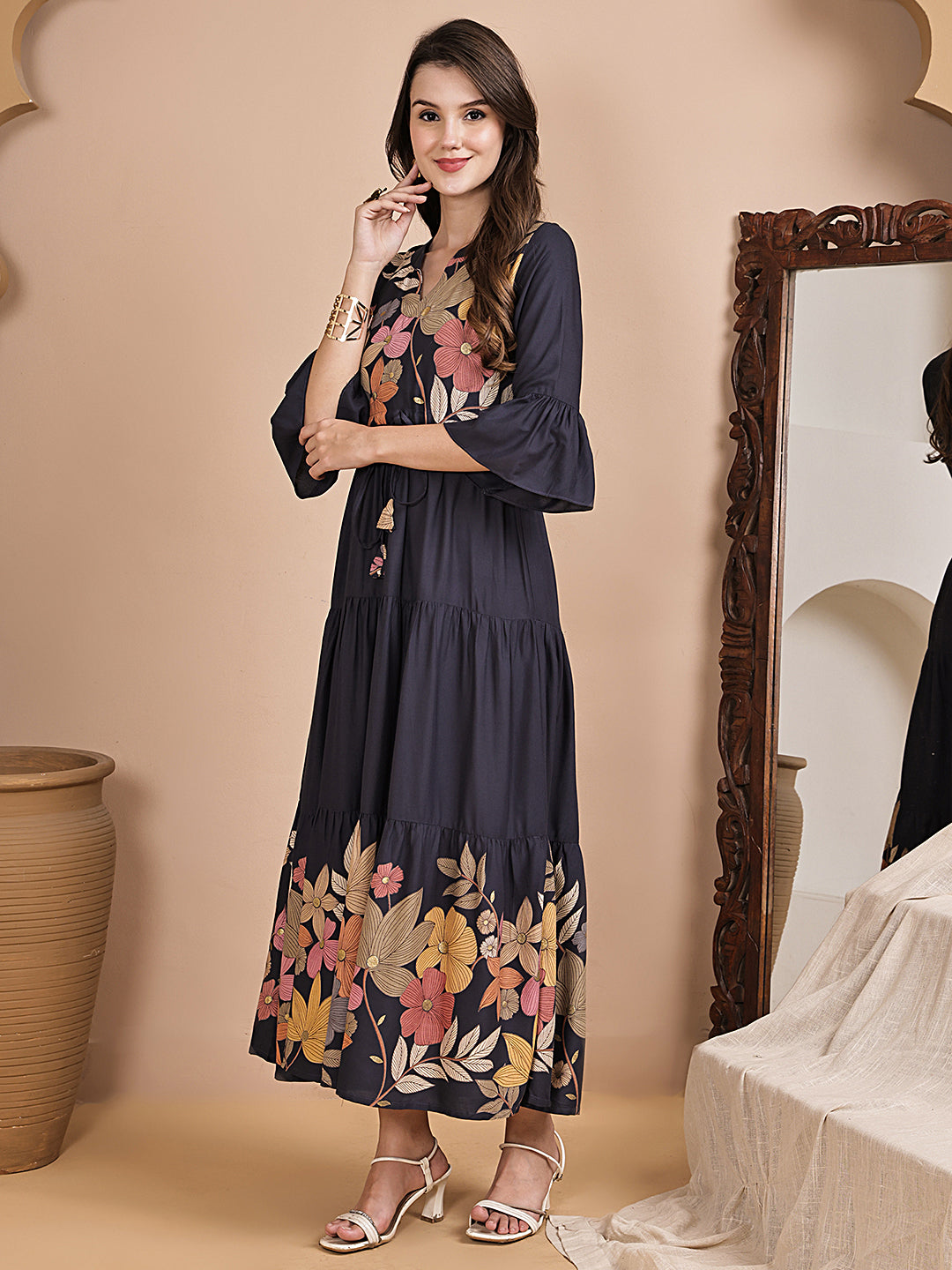 Grey Color Floral Printed Viscose Rayon Dress For Women