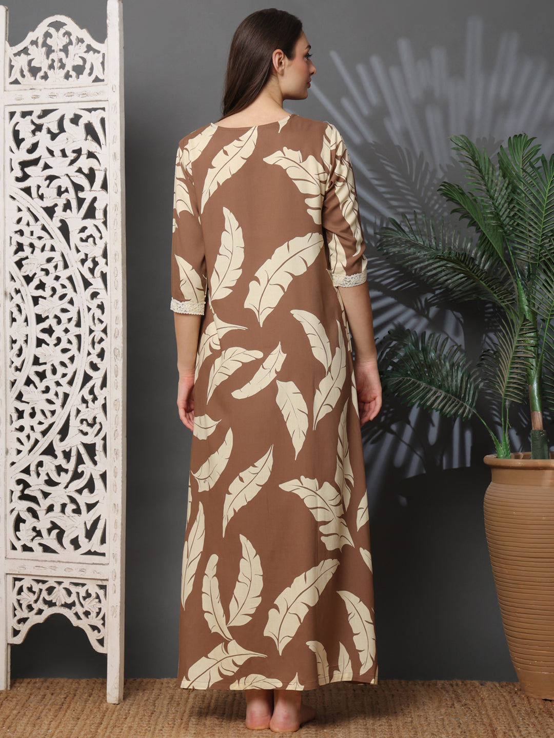 Brown Colour Abstract Printed Viscose Rayon Nighty For Women | Claura