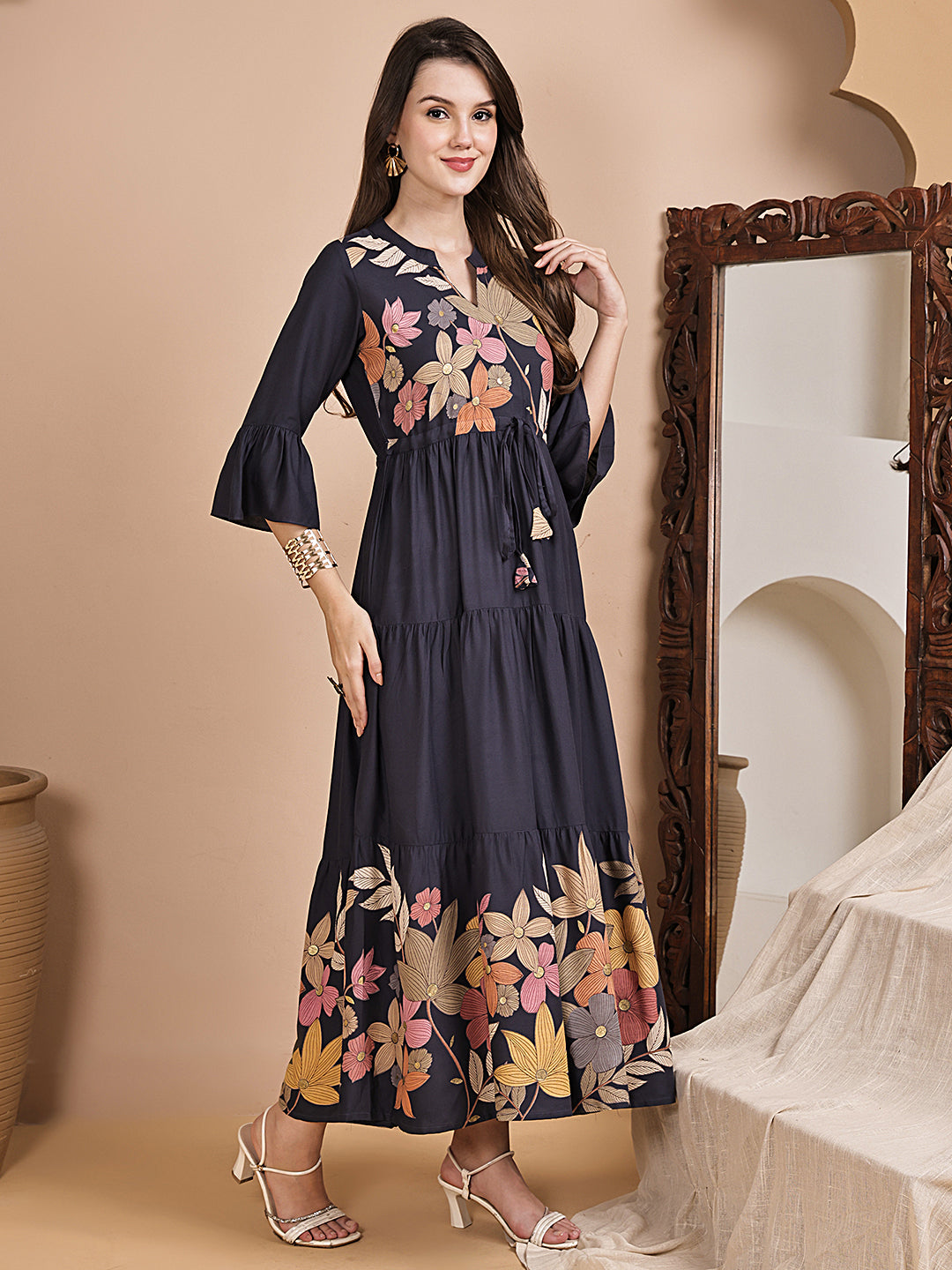 Grey Color Floral Printed Viscose Rayon Dress For Women
