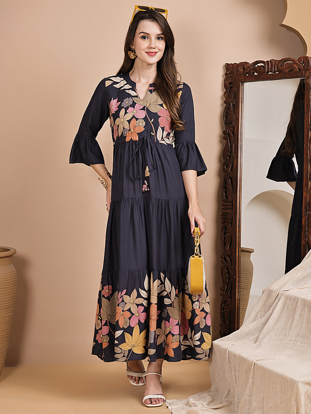 Grey Color Floral Printed Viscose Rayon Dress For Women