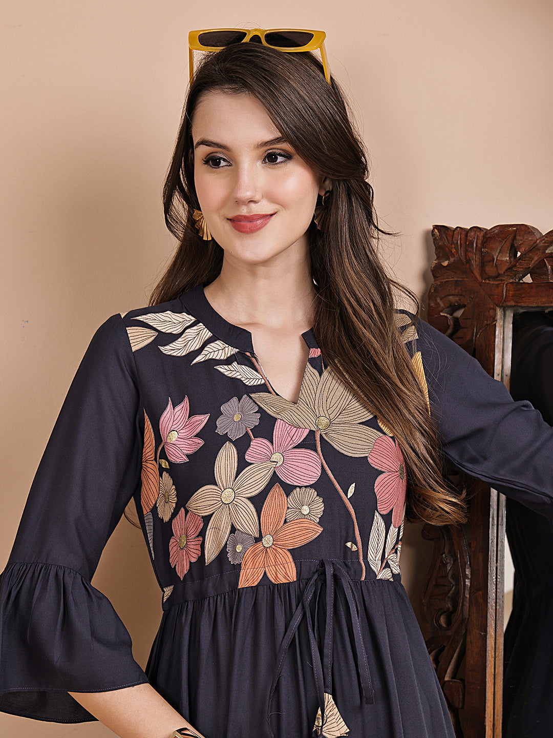 Grey Color Floral Printed Viscose Rayon Dress For Women